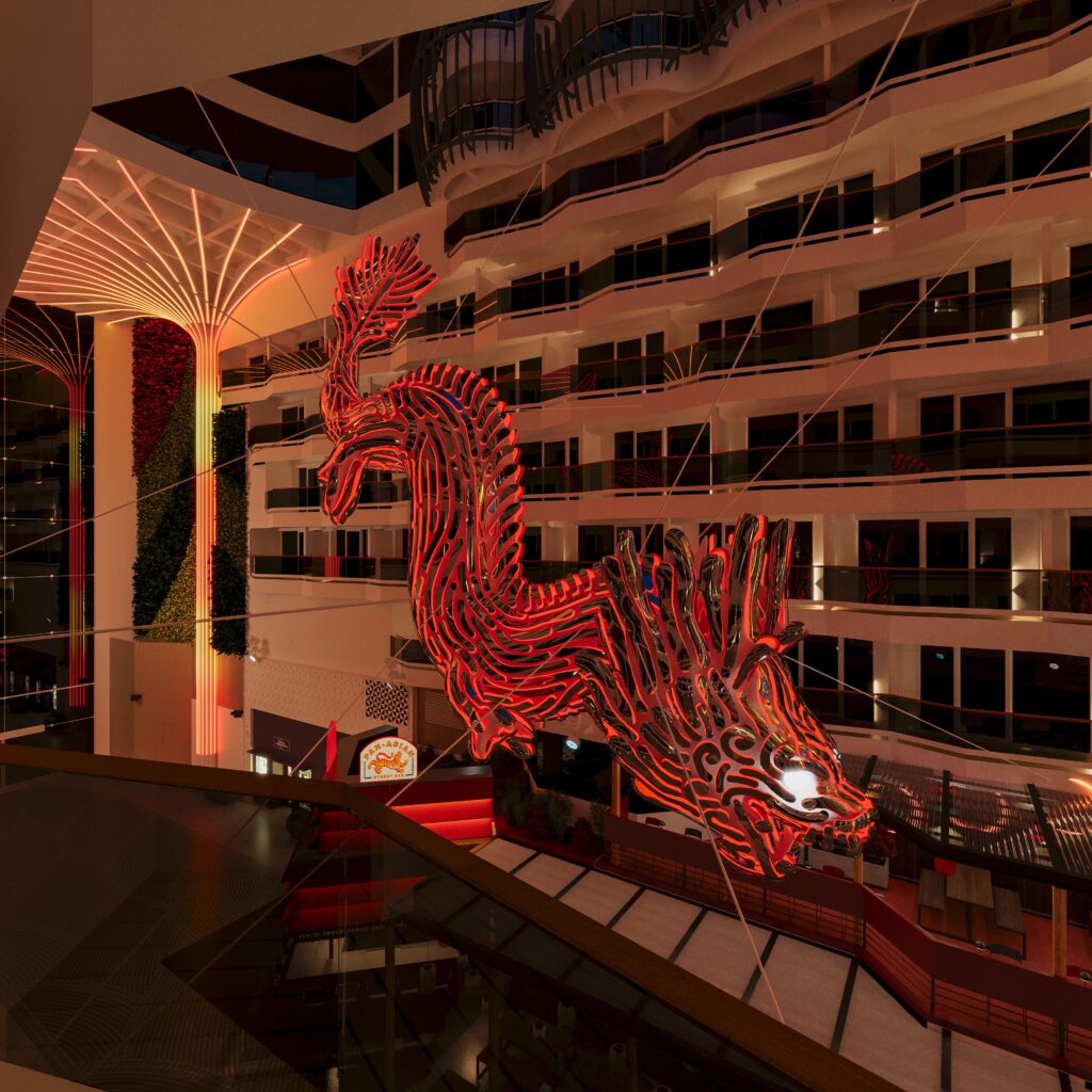 Escultura de dragón iluminada en el interior del MSC World Asia, suspendida sobre la World Promenade.