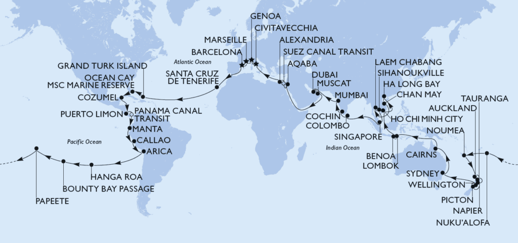 Mapa del itinerario MSC World Cruise 2028 con 42 destinos en seis continentes a bordo de MSC Magnifica
