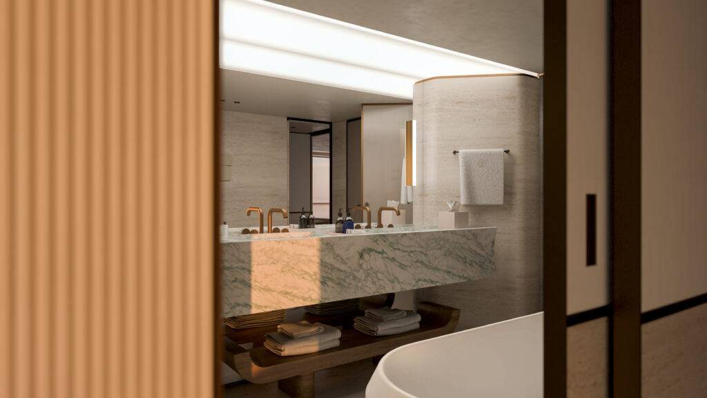 Owner's Residence EXPLORA III: baño de mármol con doble lavabo en la suite diseñada por Patricia Urquiola