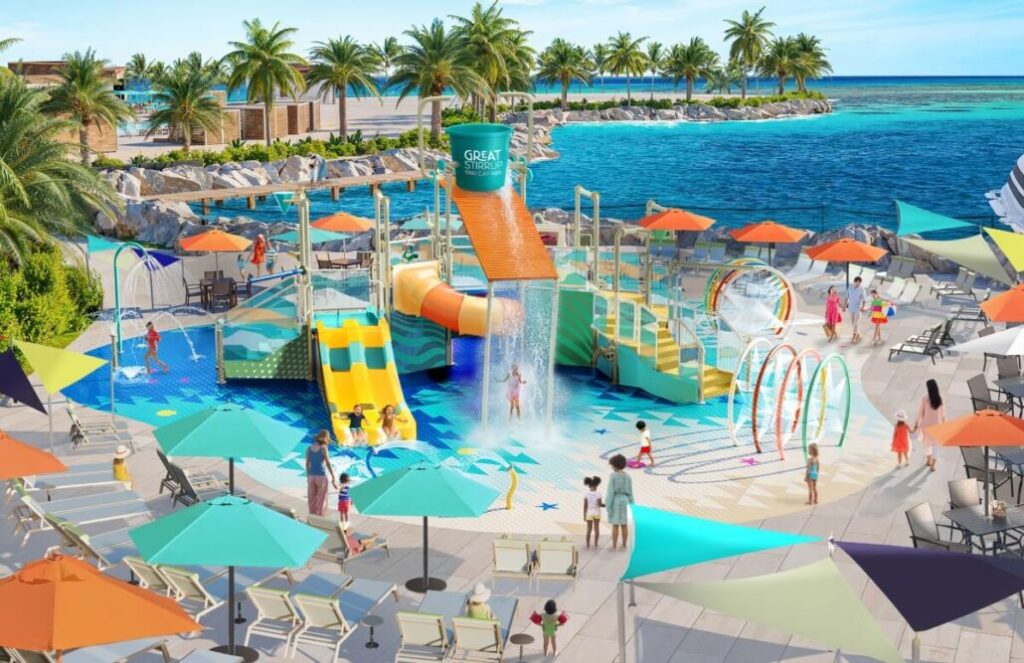 Splash Harbor, zona de chapoteo infantil en Great Stirrup Cay con juegos de agua junto a la piscina principal.
