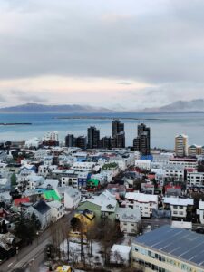 Vista urbana de Reikiavik en invierno, casas y puerto
