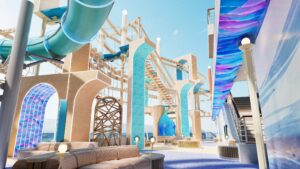 Render de Ocean Heights: zona de aventuras con toboganes, estructuras de cuerdas y pasarelas sobre cubierta con decoración azul