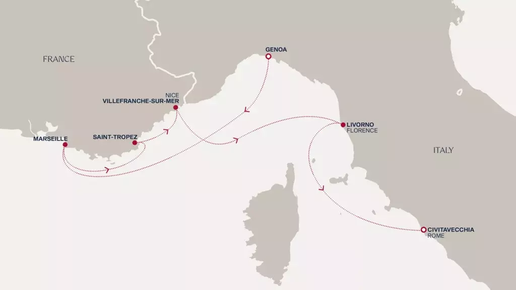 Mapa del itinerario del Explora III mostrando la ruta desde Génova hasta Civitavecchia pasando por la Costa Azul