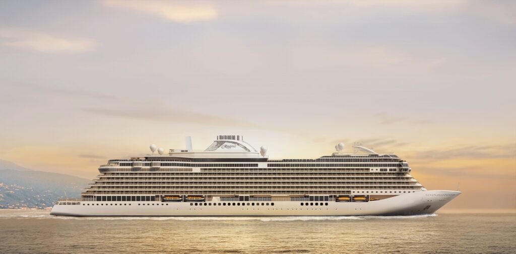 Regent Seven Seas Prestige render, navegando en una imagen dorada.