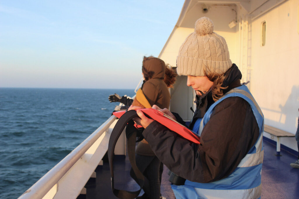 Observador de mamíferos marinos de ORCA registrando datos a bordo de un barco.