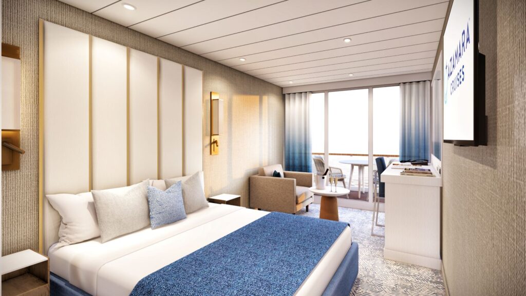 Renderizado del nuevo diseño de suite de Azamara bajo el programa Forward con tonos orgánicos y mobiliario de lujo