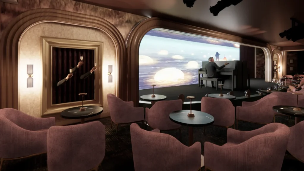 Ambiente elegante del Boulevard Lounge con piano y diseño de iluminación avanzada
