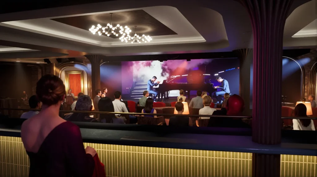 Actuación musical en el escenario del Boulevard Lounge con efectos visuales dinámicos