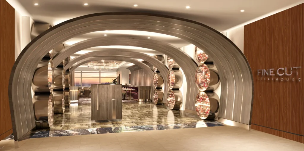 Entrada monumental del nuevo restaurante Fine Cut Steakhouse en el Celebrity Solstice