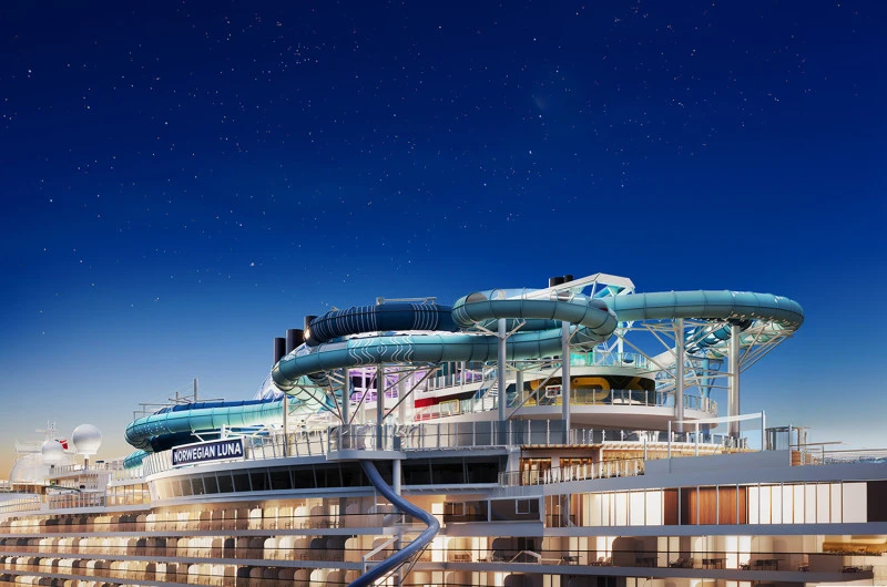 Representación del tobogán Aqua Slidecoaster en la cubierta superior del Norwegian Luna