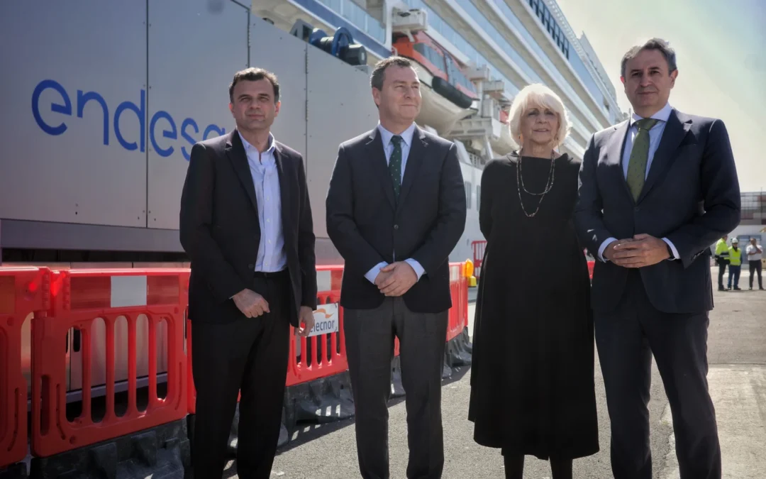 Directivos y autoridades posando frente al equipo de suministro eléctrico de Endesa durante la inauguración de un proyecto de electrificación de cruceros.