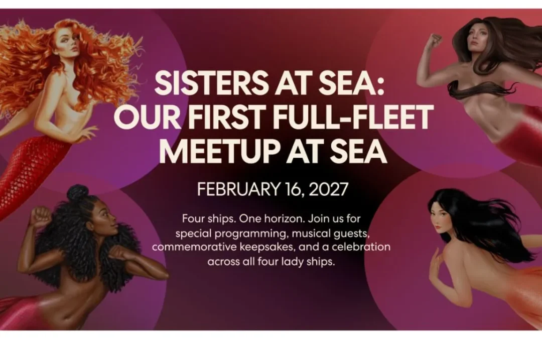 Cartel promocional oficial del evento Sisters at Sea 2027 de Virgin Voyages, con cuatro sirenas de distintos orígenes rodeando el texto