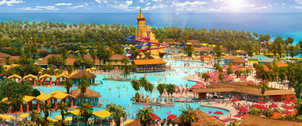 Vista panorámica de Celebration Key en Bahamas, destacando sus lagunas de agua cristalina, toboganes temáticos y áreas de descanso premium