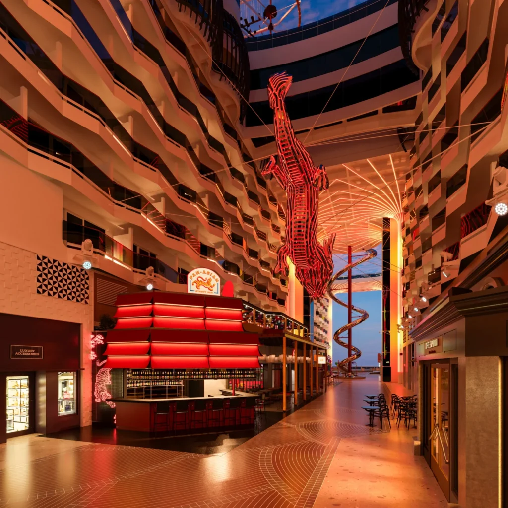 Diseño oriental de espacio exterior en el atrio central del crucero MSC World Asia