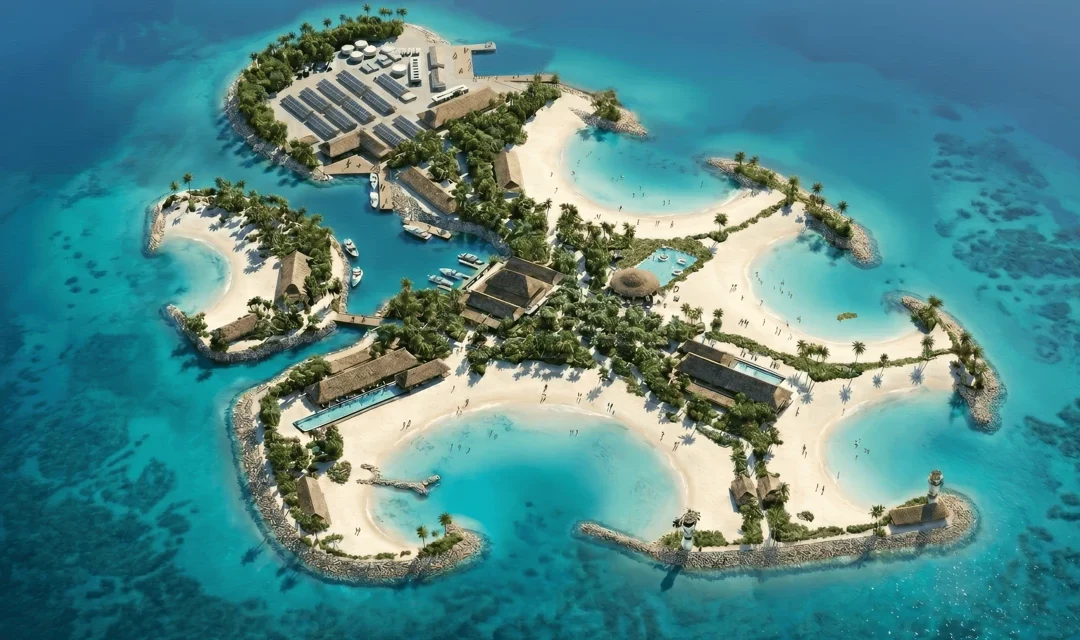 Renderizado aéreo de la nueva isla privada Sandy Cay de MSC en las Bahamas para 2028.