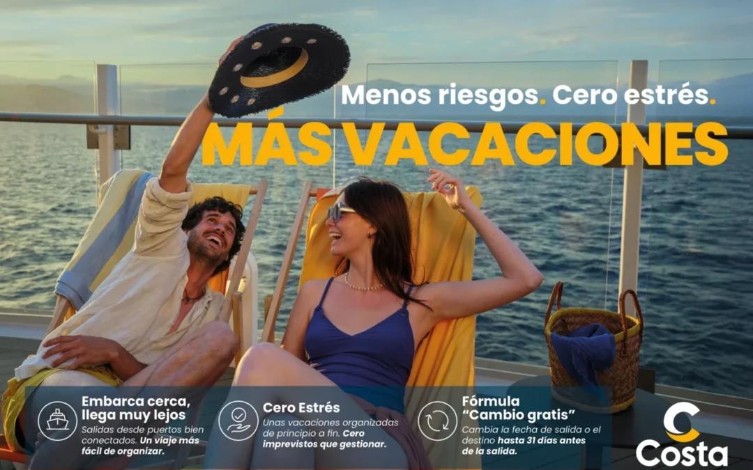 Pareja disfrutando de un atardecer en la cubierta de un barco de Costa Cruceros bajo el lema Mas Vacaciones