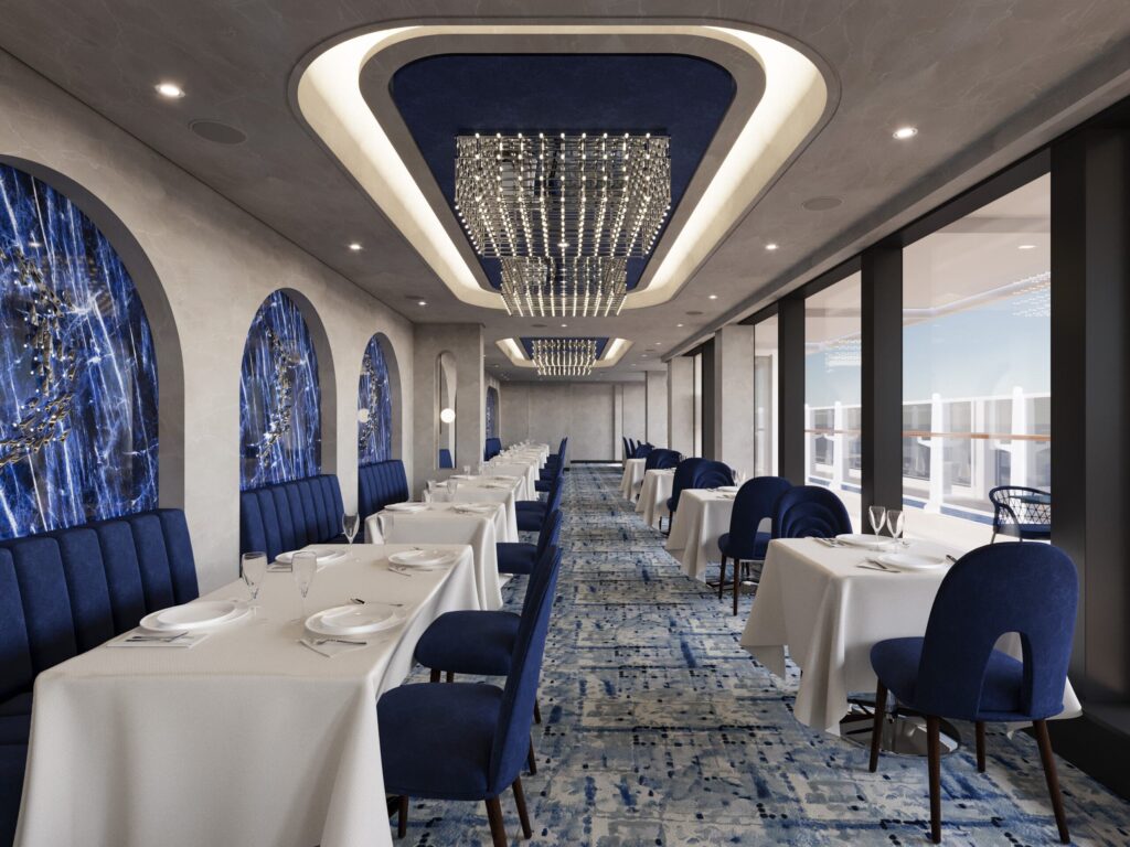 restaurante crucero lujo decoracion azul ventanal