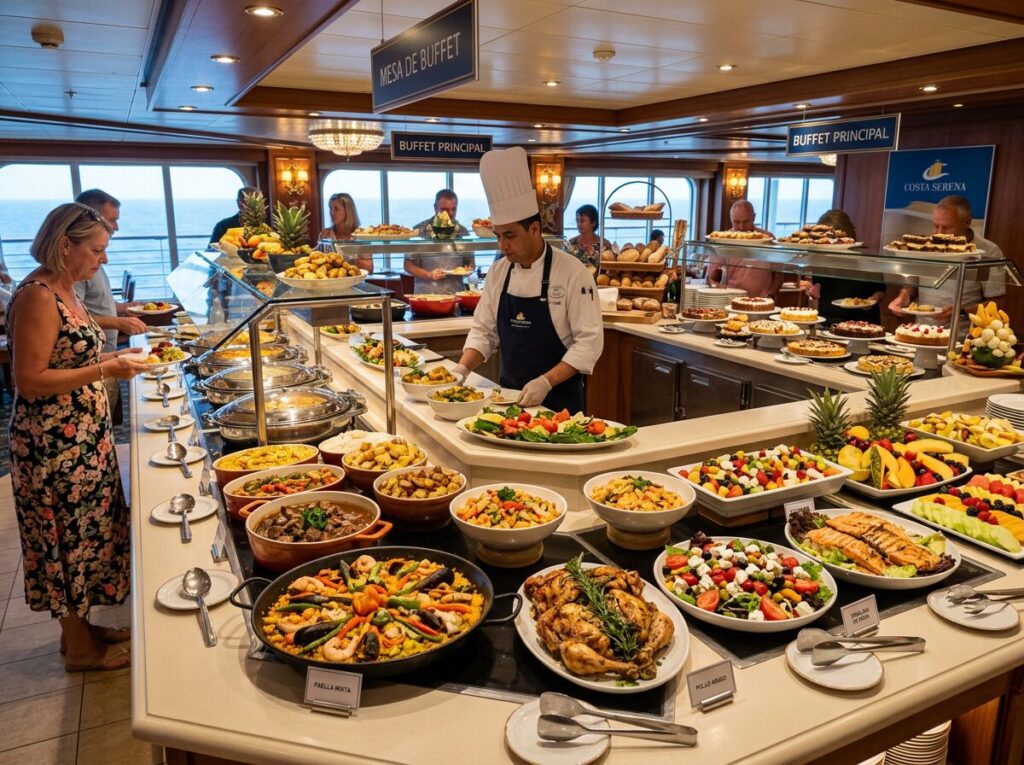 Buffet with seafood paella, roasted chicken, salads, desserts, and fresh fruit served on a cruise ship