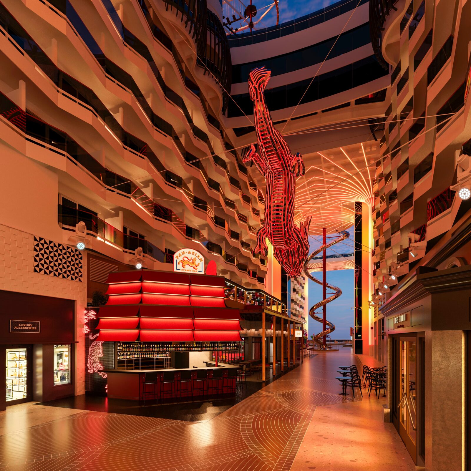 Escultura de dragón rojo suspendida en el atrio central del crucero MSC World Europa cerca del bar Pan-Asian.