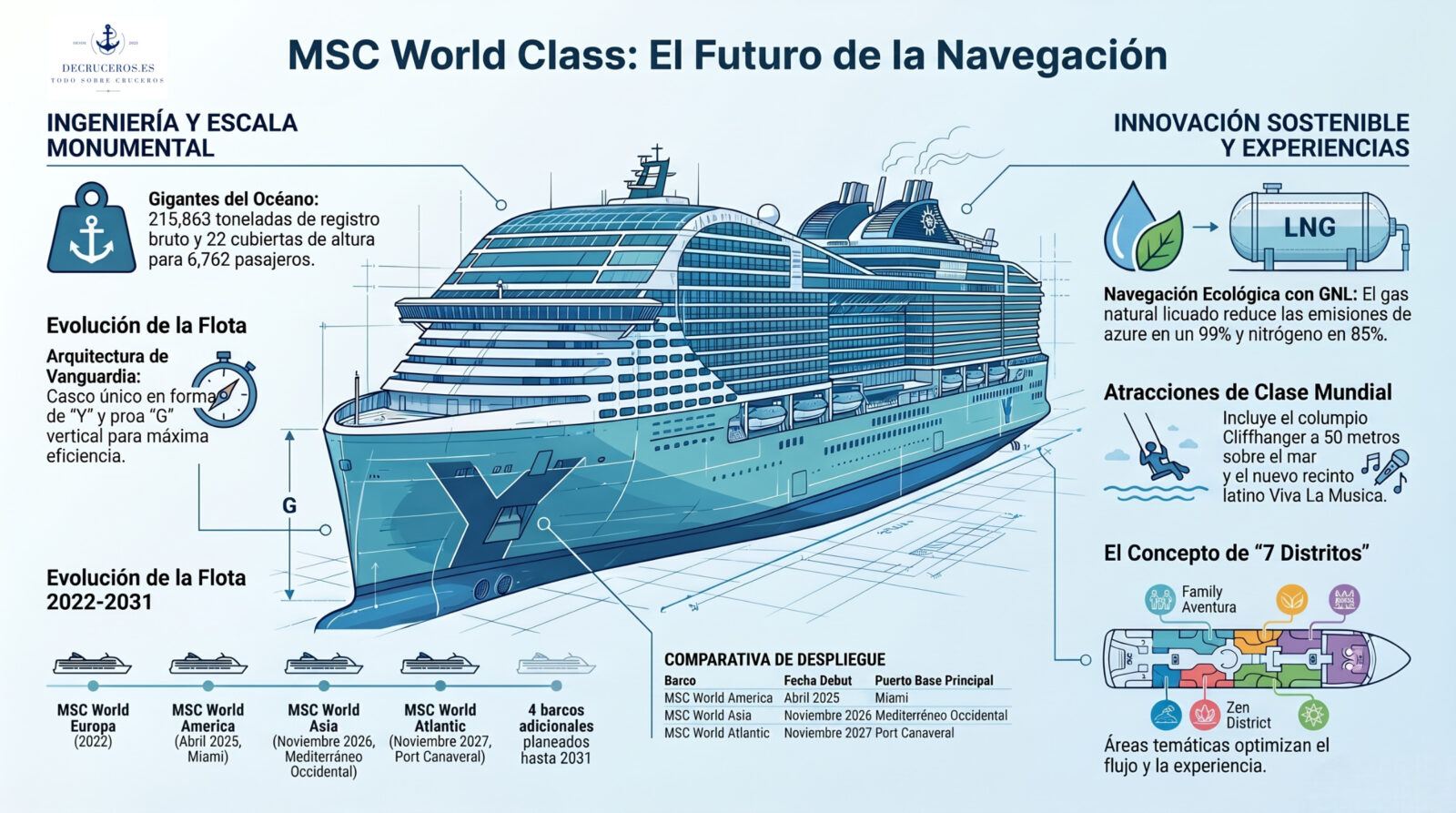 Infografía técnica del MSC World Class destacando su diseño innovador, propulsión GNL y los siete distritos del barco.