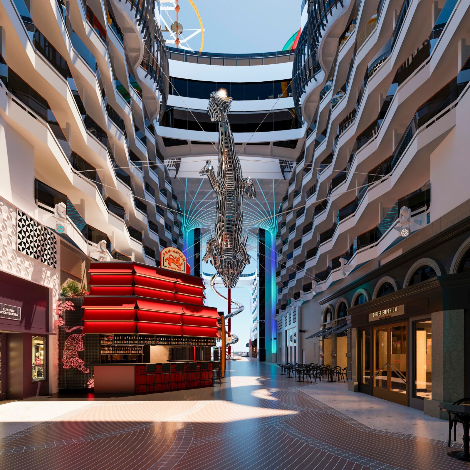 Vista interior del World Promenade en un crucero MSC, con una escultura metálica colgante y bares temáticos