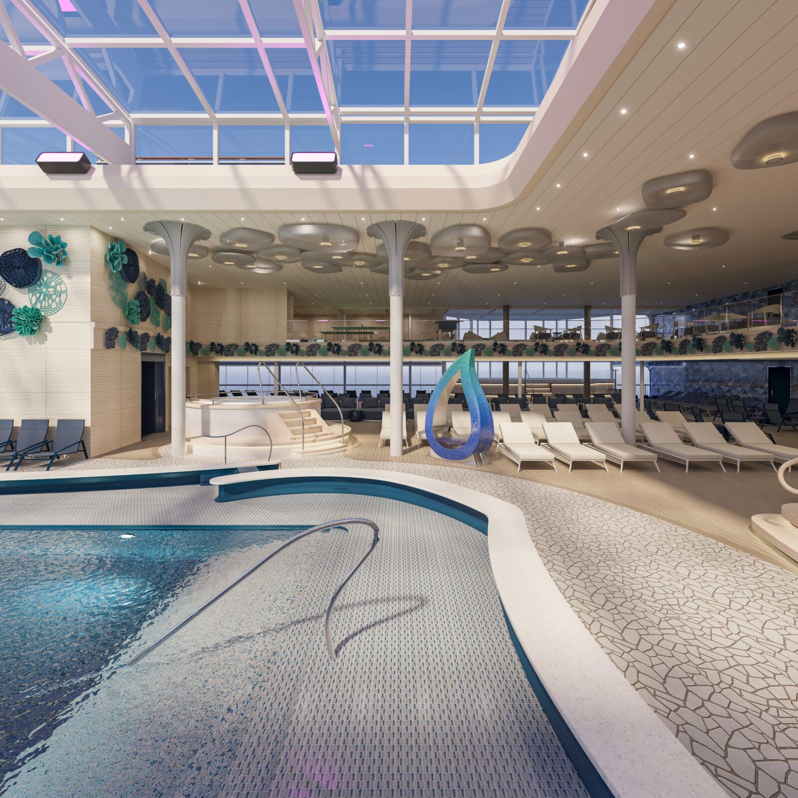 Piscina interior con techo de cristal, tumbonas y decoración marina en la zona Coral Cove de un crucero.