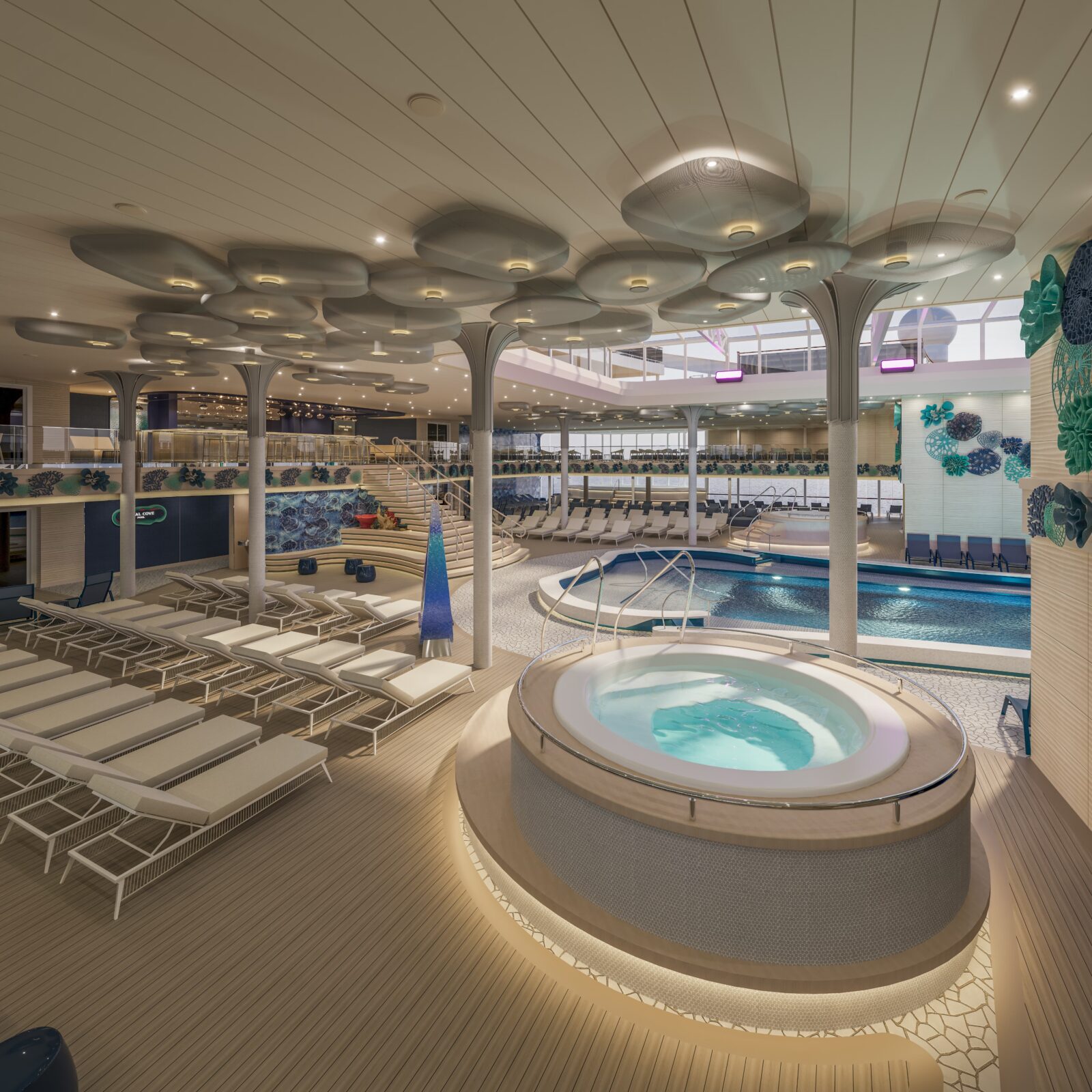 Zona de relajación Coral Cove en un crucero con piscina, jacuzzi, tumbonas y techos decorativos circulares.