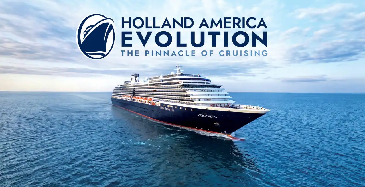 El crucero Oosterdam de Holland America Line navegando en mar abierto bajo un cielo parcialmente nublado.